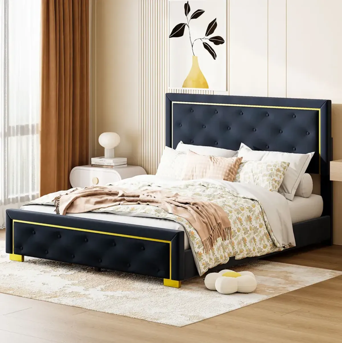 Merax Velvet Upholstered Platform Bed Frame