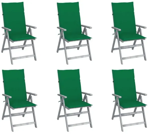 Patio Chair Set of 6 Gray, Green Solid Acacia Wood, 100% Polyester