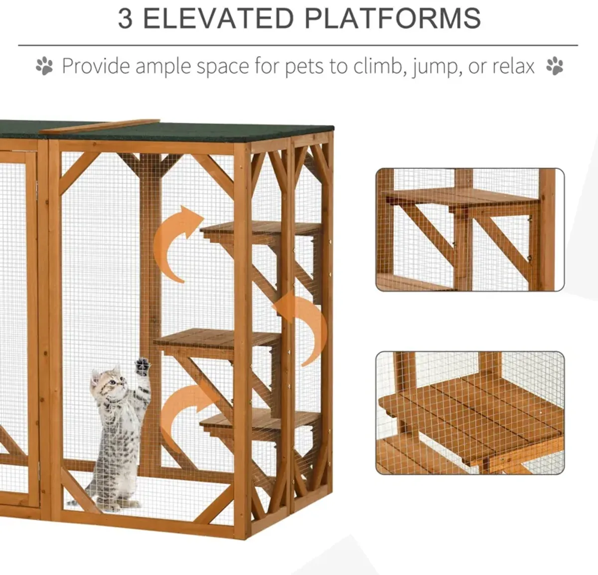 Orange Cat Paradise: 71"L Wooden Outdoor Multi-Level Enclosure