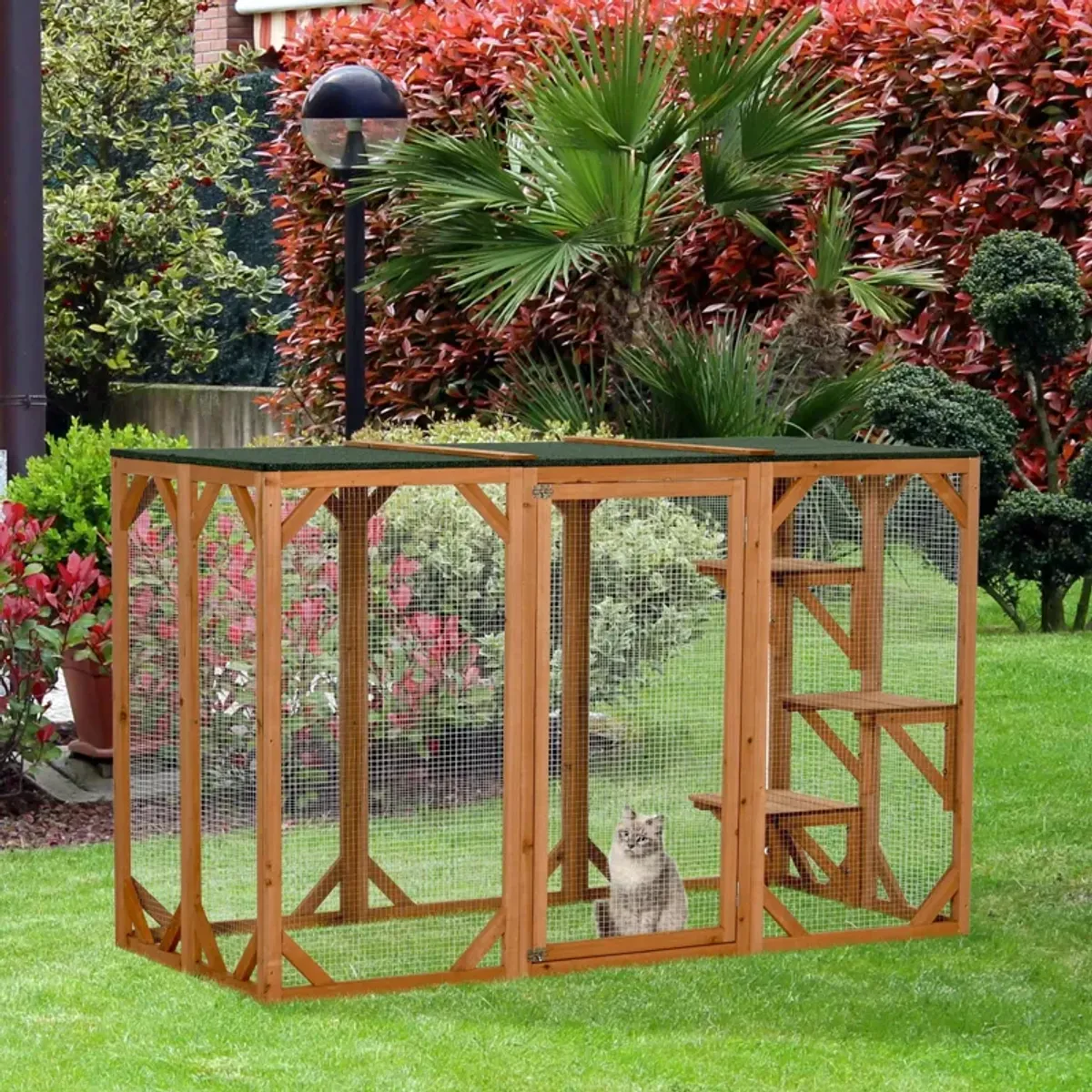 Orange Cat Paradise: 71"L Wooden Outdoor Multi-Level Enclosure