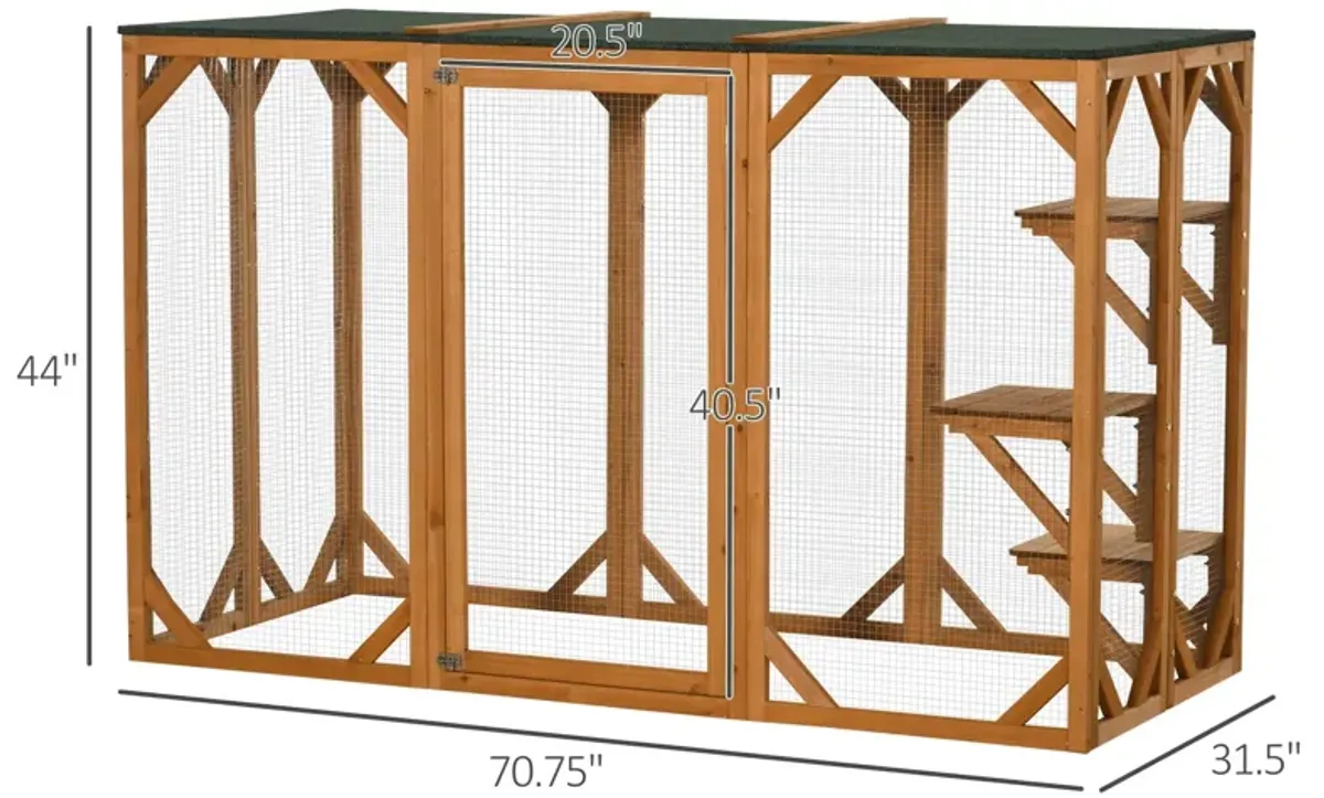 Orange Cat Paradise: 71"L Wooden Outdoor Multi-Level Enclosure