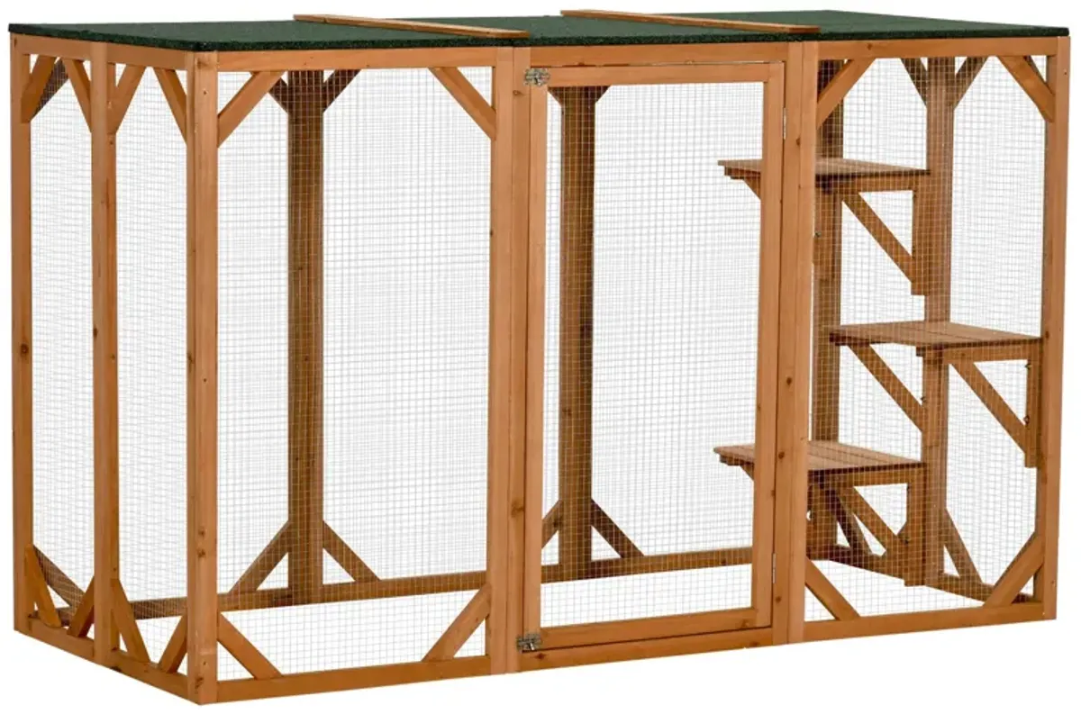 Orange Cat Paradise: 71"L Wooden Outdoor Multi-Level Enclosure