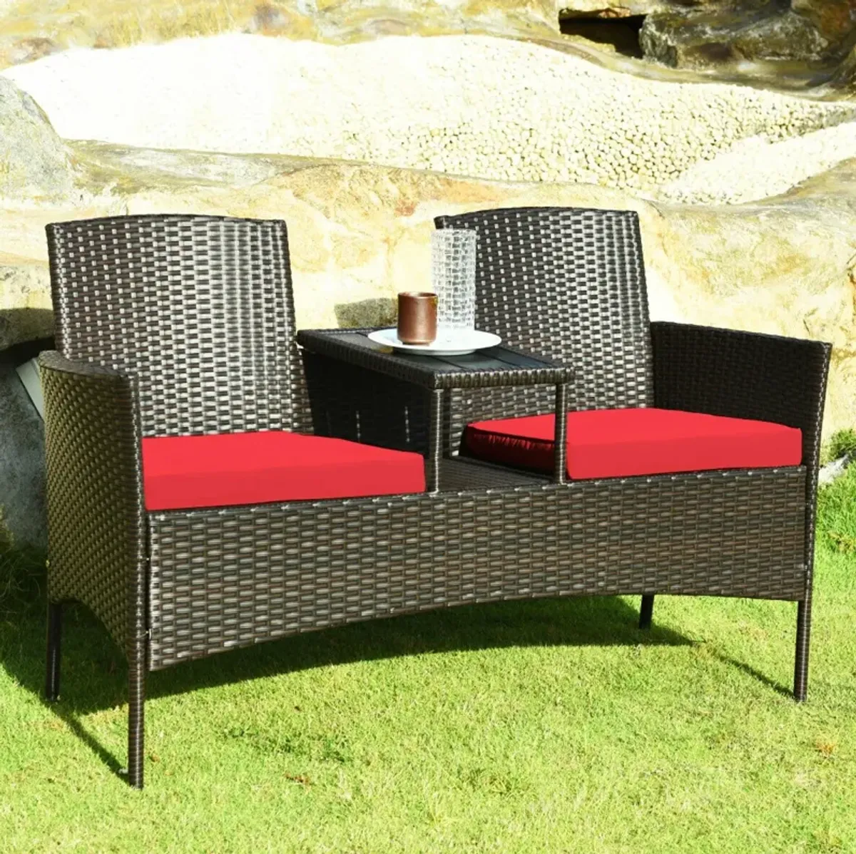 Modern Patio Conversation Set with Built-in Coffee Table and Cushions