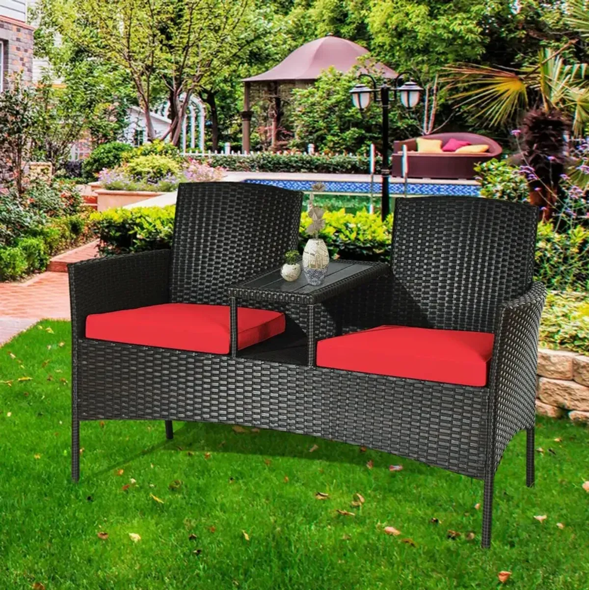 Modern Patio Conversation Set with Built-in Coffee Table and Cushions