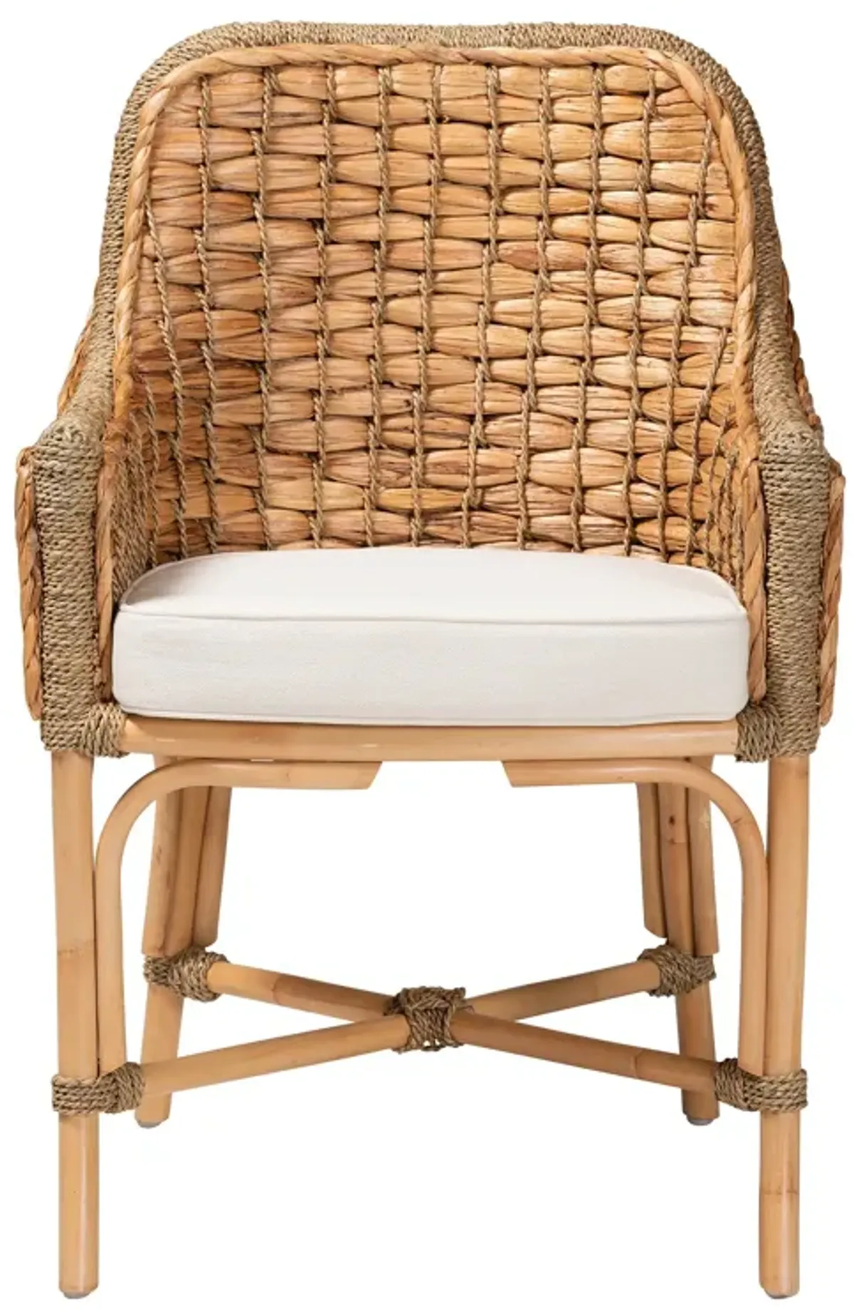 Baxton Studio Kyle Modern Bohemian Natural Brown Woven Rattan Dining Arm Chair with Cushion