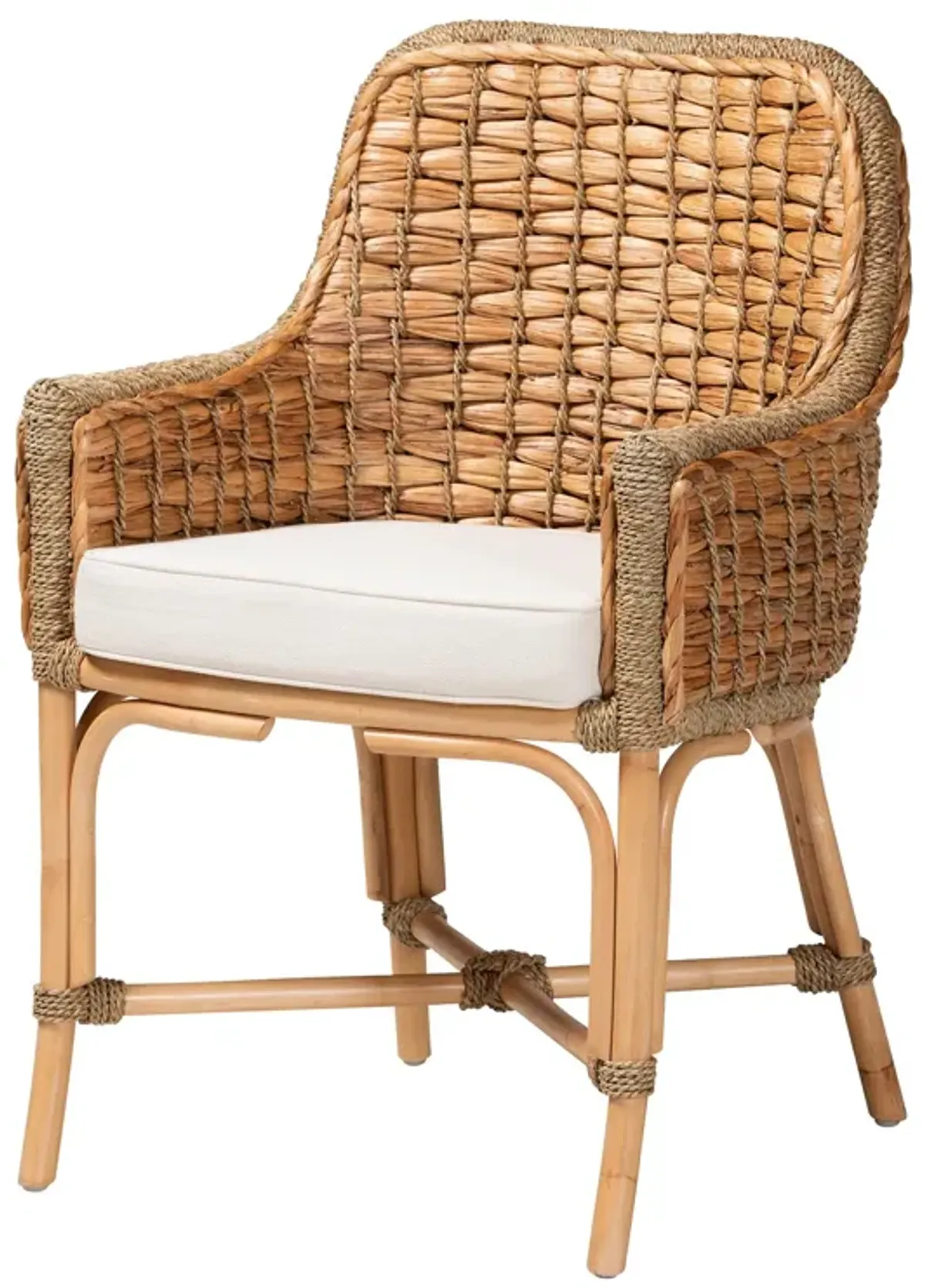 Baxton Studio Kyle Modern Bohemian Natural Brown Woven Rattan Dining Arm Chair with Cushion