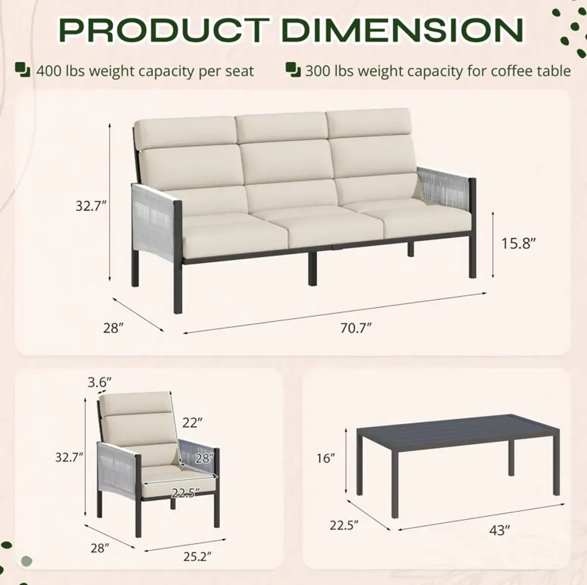 Mondawe 4-Piece Aluminum Patio Conversation Set, Patio Furniture Seating Set with Cushions and Coffee Table for Backyard, Garden