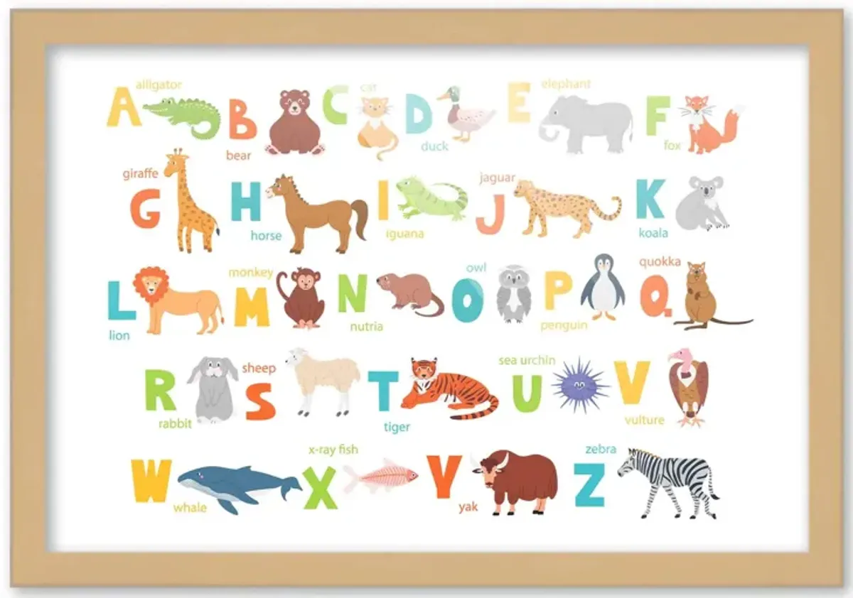 12x18 Framed Nursery Wall Art Animal ABC Poster In Natural Wood Frame For Kid Bedroom or Playroom