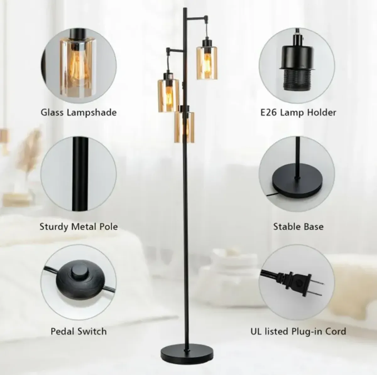 Hivvago Retro Floor Lamp with 3-Head Hanging Amber Glass Shade