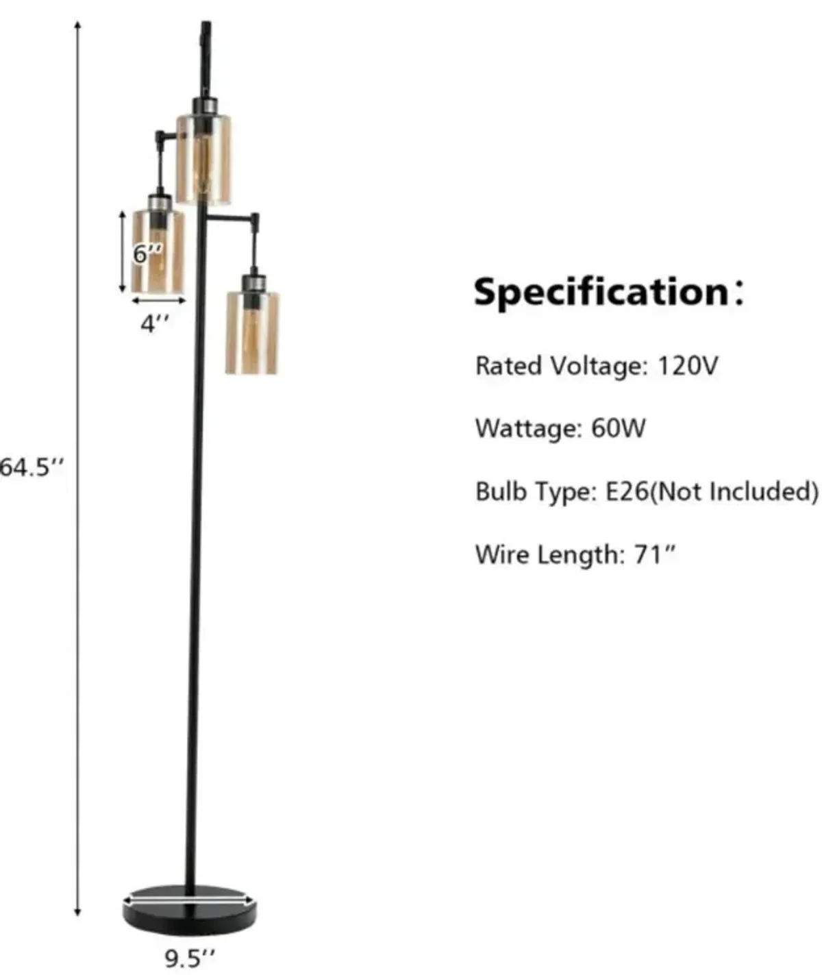 Hivvago Retro Floor Lamp with 3-Head Hanging Amber Glass Shade