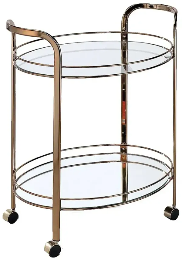 Metal Frame Serving Cart with Two Glass Shelves and Casters, Gold - Benzara