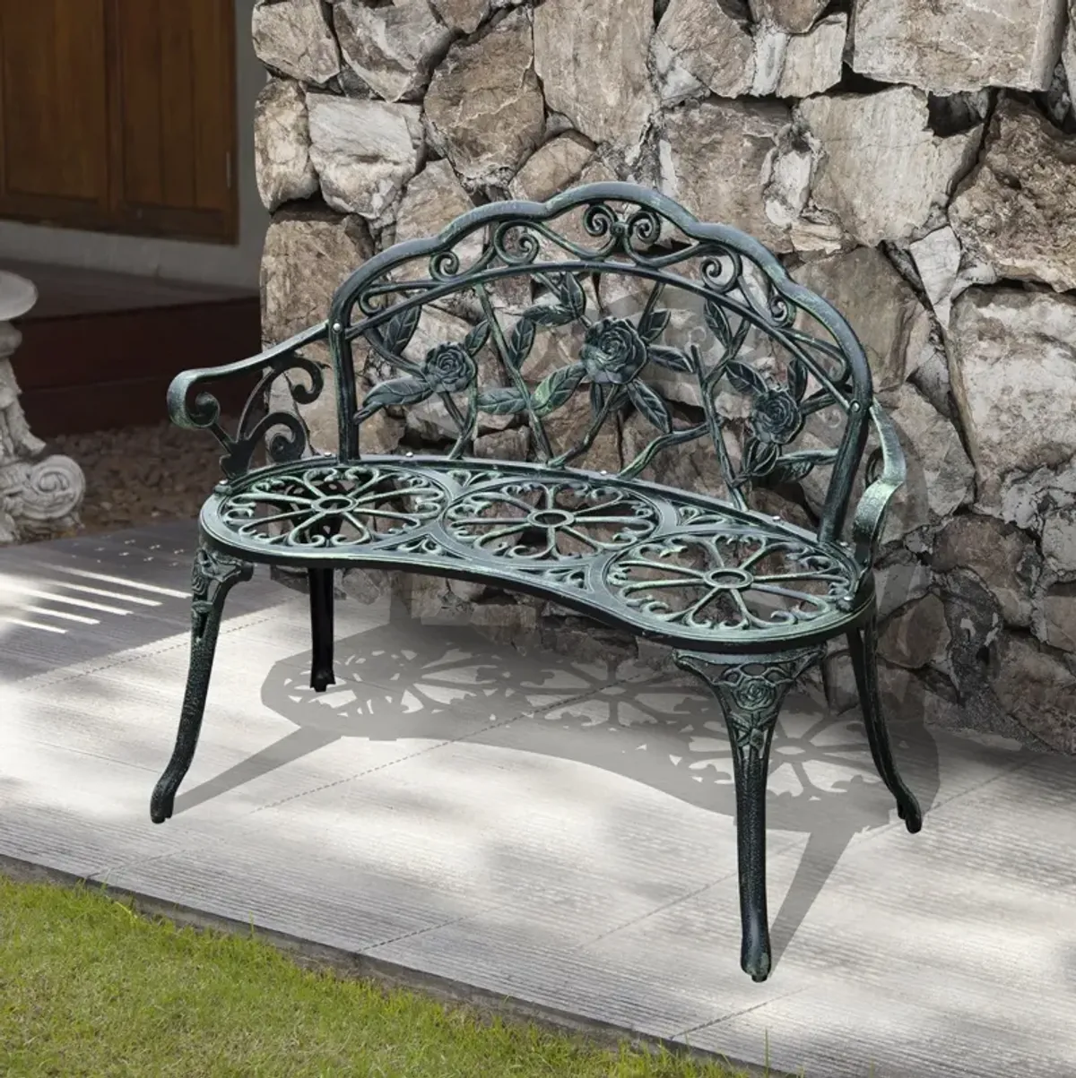 Vintage Garden Duo: Antique Green Floral Cast Aluminum Loveseat