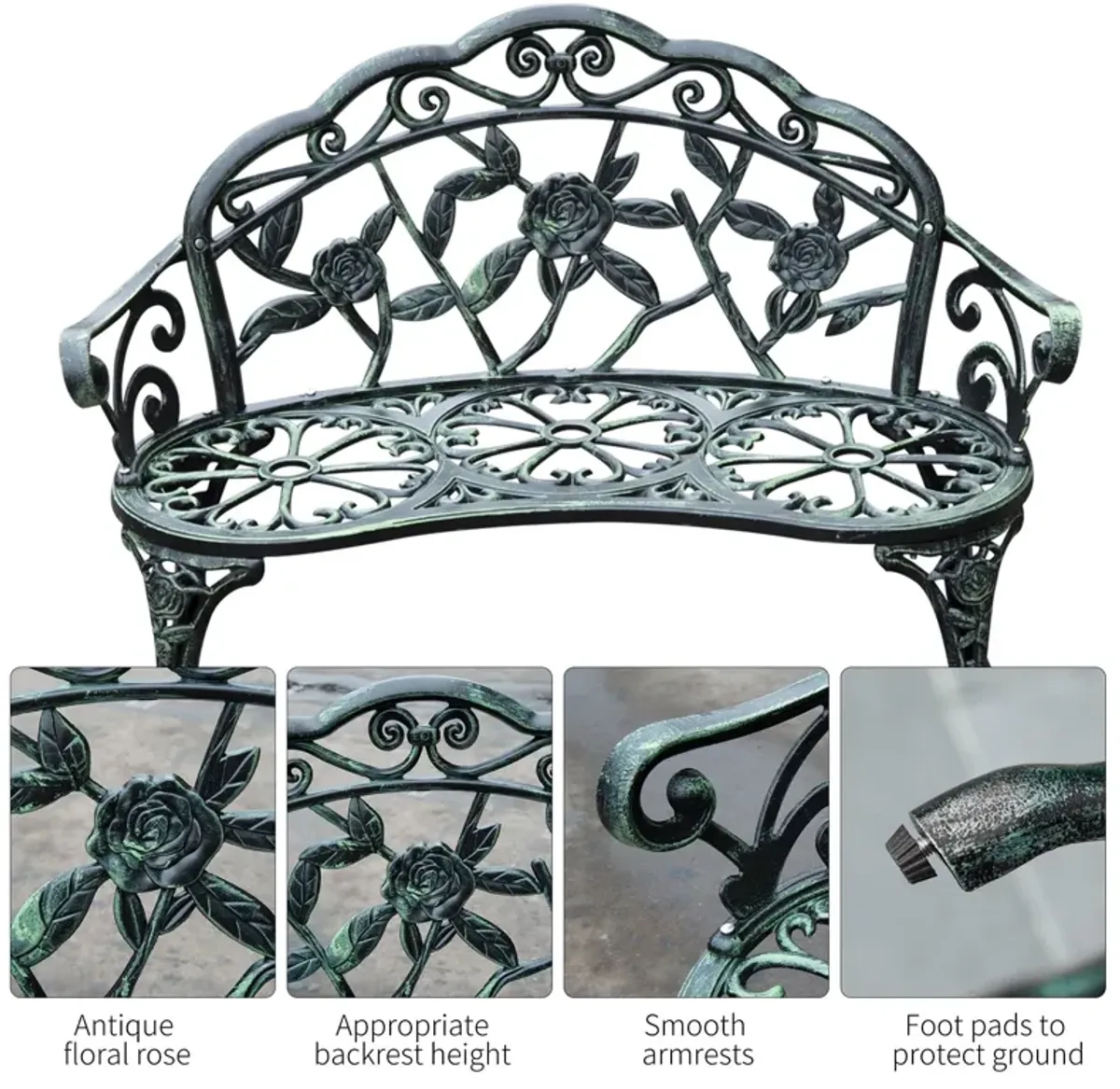 Vintage Garden Duo: Antique Green Floral Cast Aluminum Loveseat