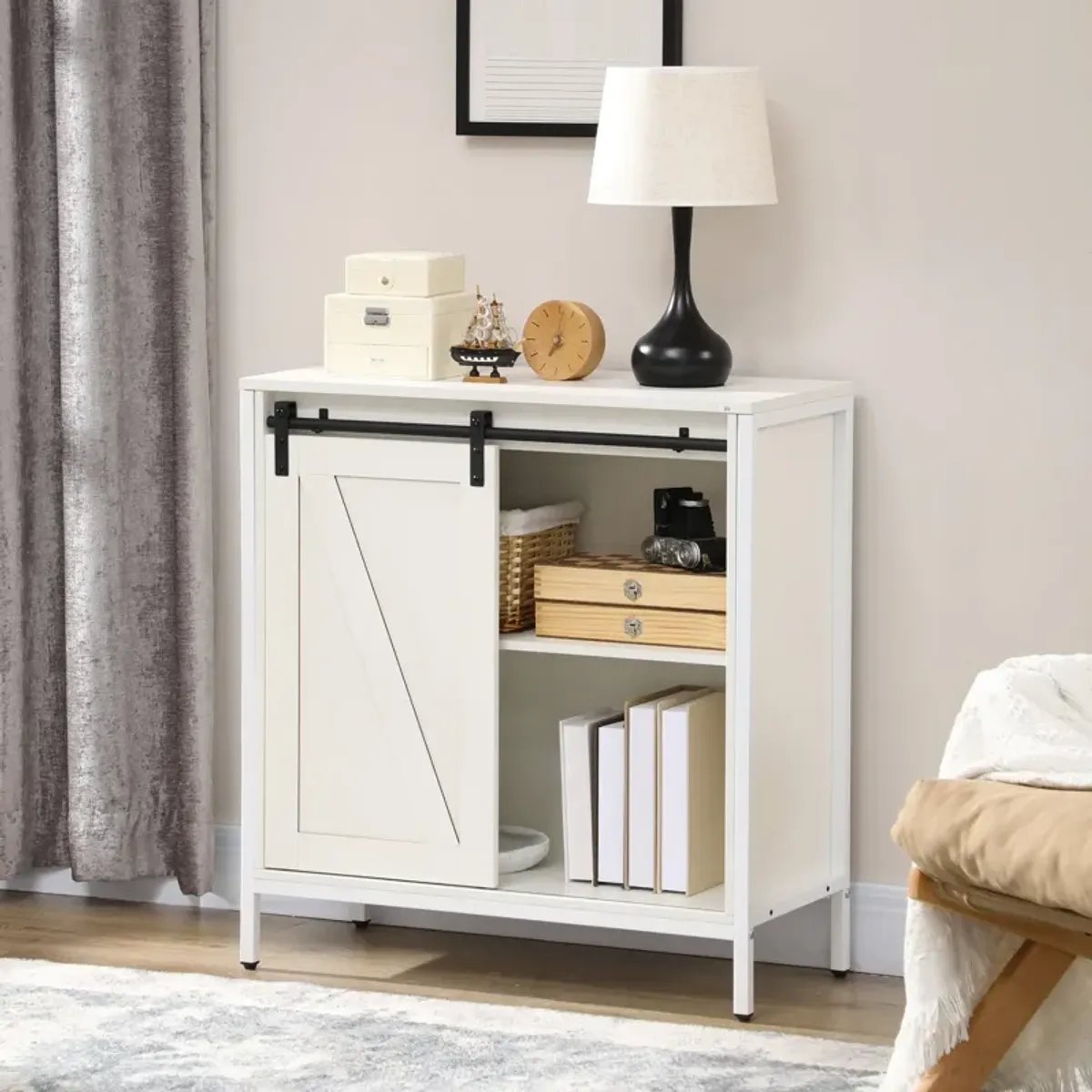 White Kitchen Cabinet: Farmhouse Sideboard with Sliding Barn Door