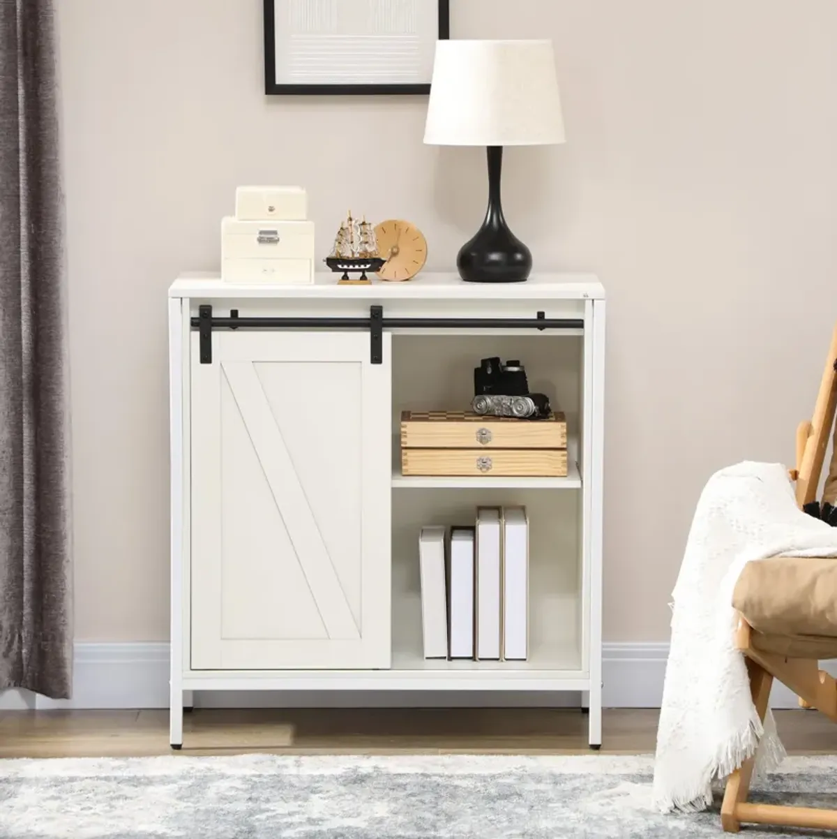 White Kitchen Cabinet: Farmhouse Sideboard with Sliding Barn Door