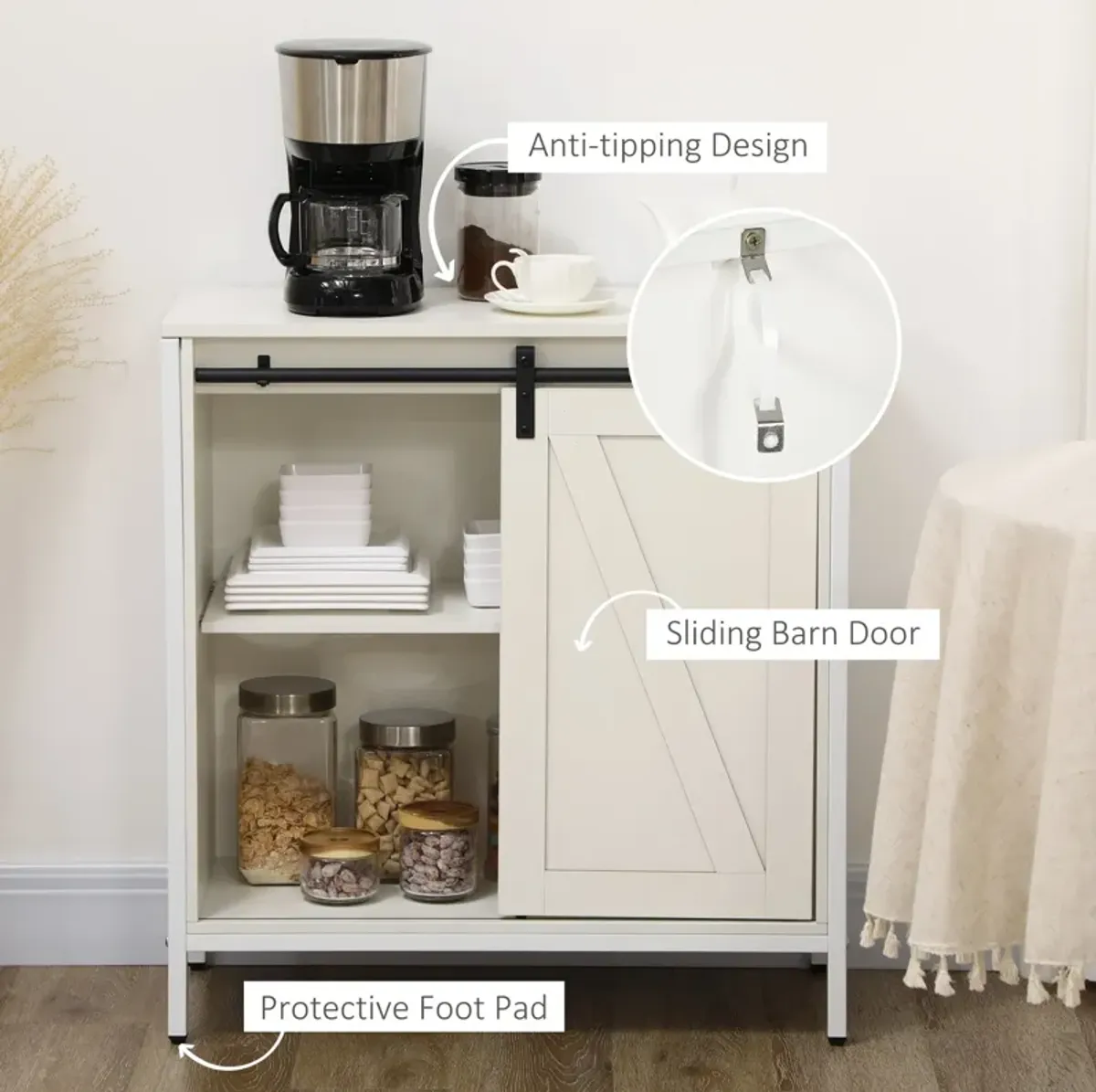 White Kitchen Cabinet: Farmhouse Sideboard with Sliding Barn Door