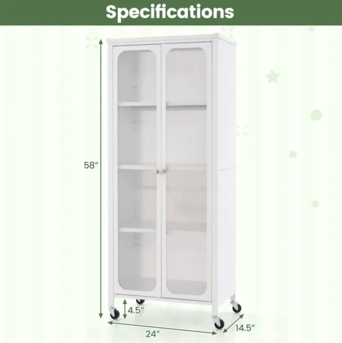 Hivvago Glass Doors Storage Cabinet with Wheels and Adjustable Shelve