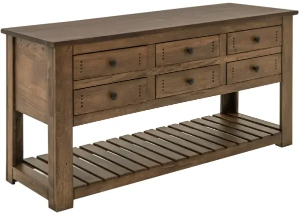 Linaa Sofa Console Table, Drawers n Shelf, Barrel Brown Wood, 63 Inch - Benzara