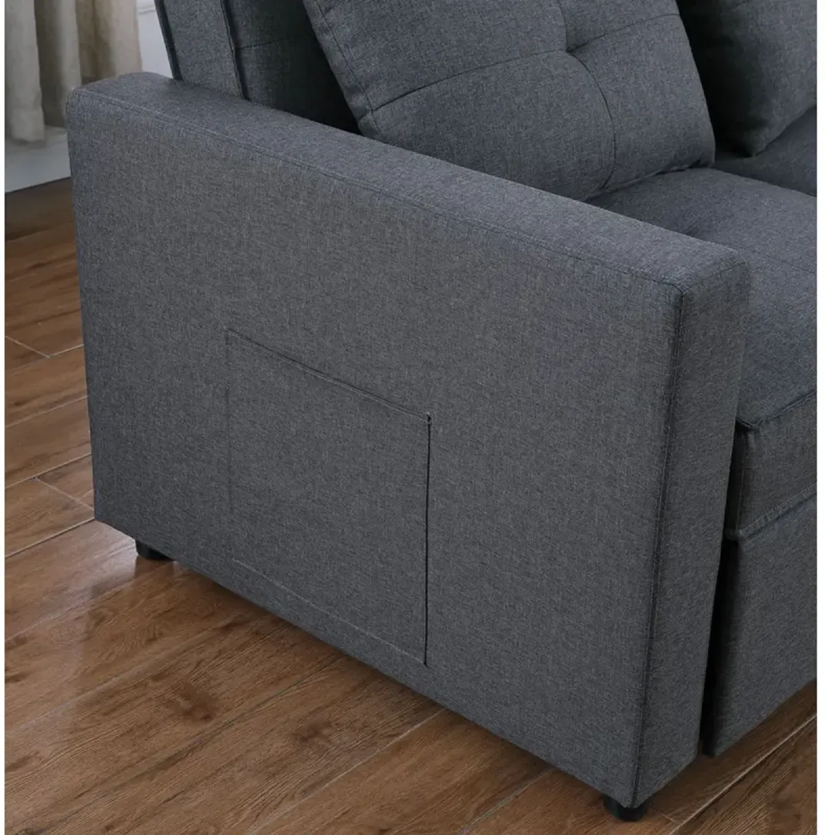 Zoey Dark Gray Linen Convertible Sleeper Loveseat With Side Pocket