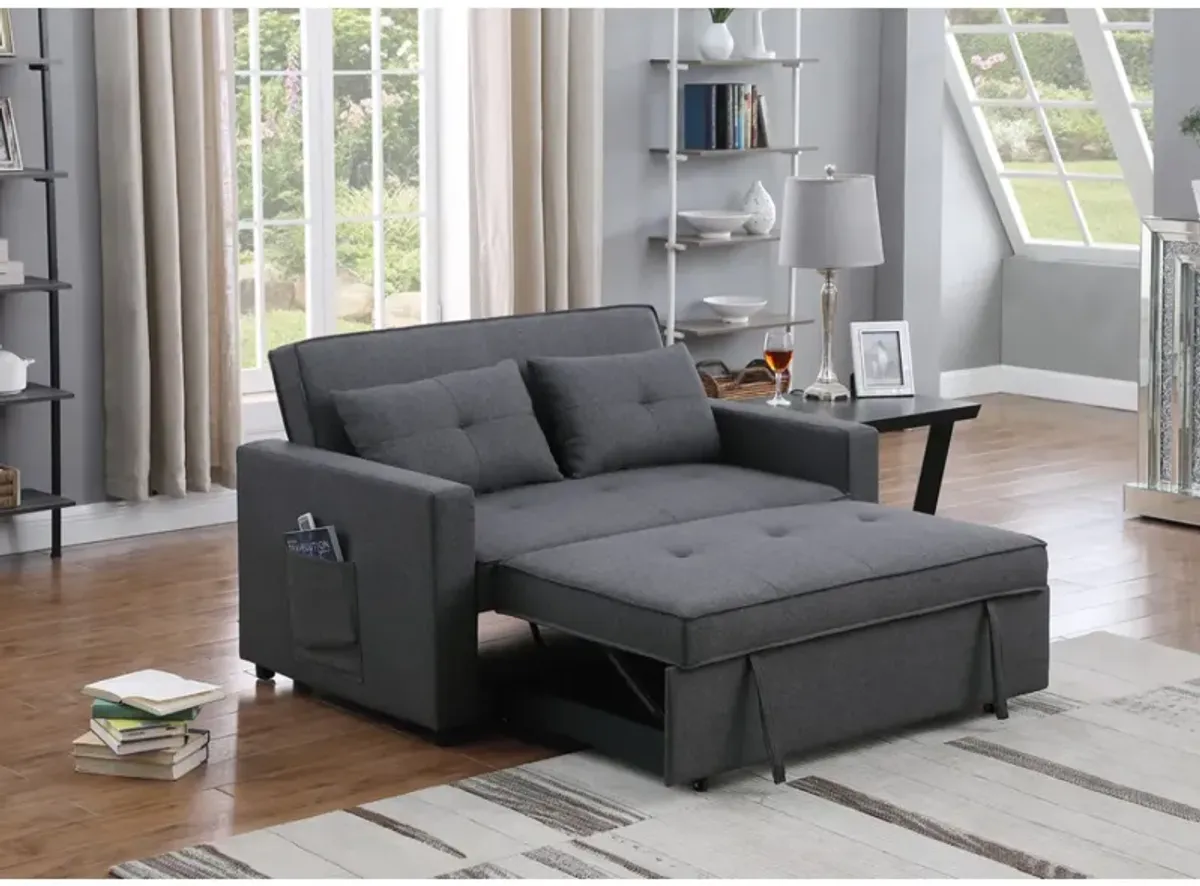 Zoey Dark Gray Linen Convertible Sleeper Loveseat With Side Pocket