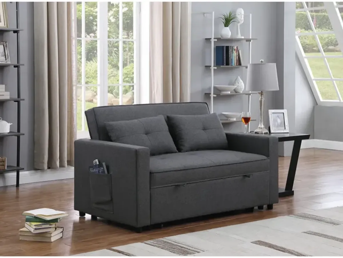 Zoey Dark Gray Linen Convertible Sleeper Loveseat With Side Pocket