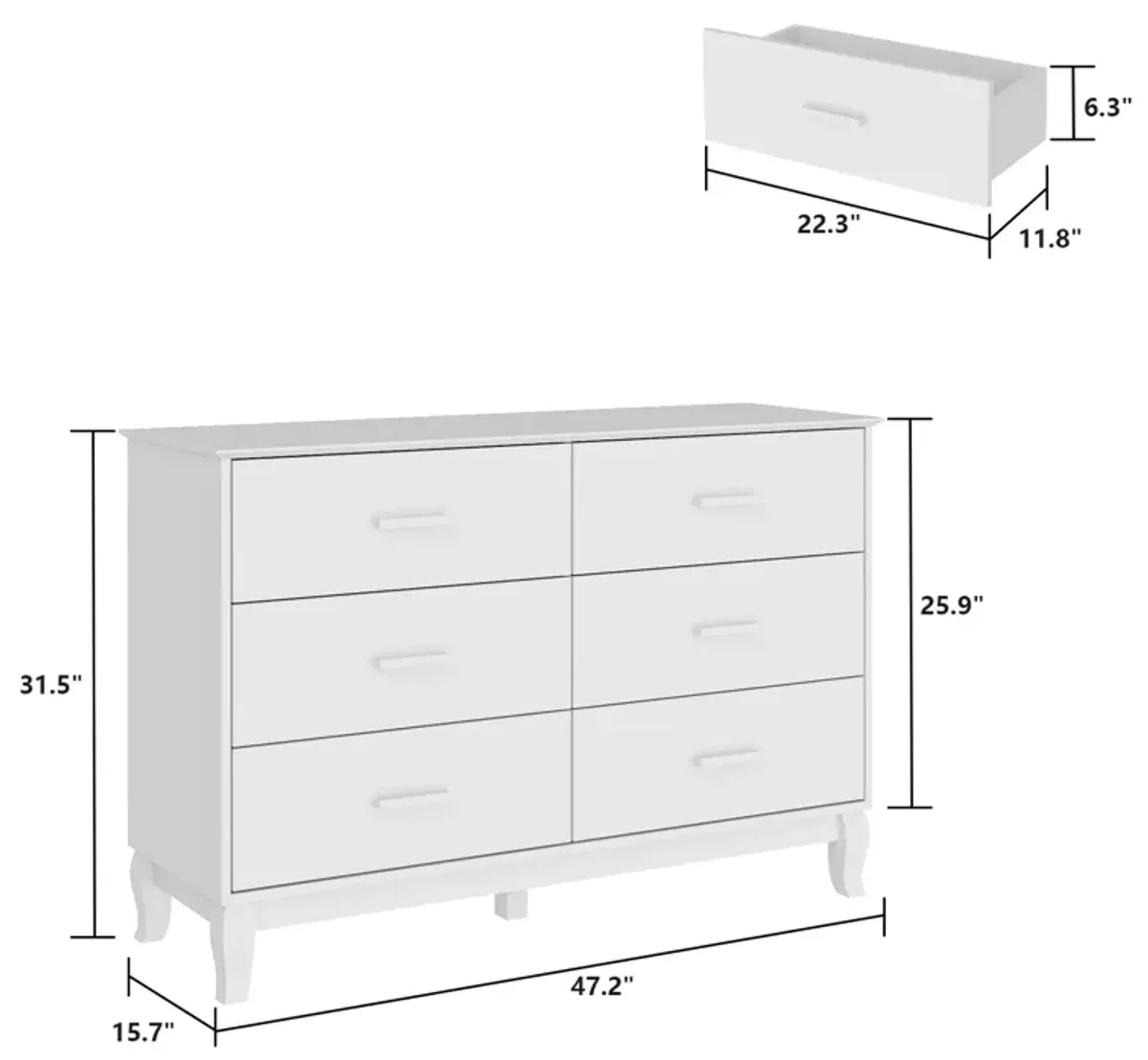 White Wooden Accent Storage Cabinet, Dresser, Chest, Vanity, with 6 Large Drawers, for Bedroom, Livingroom