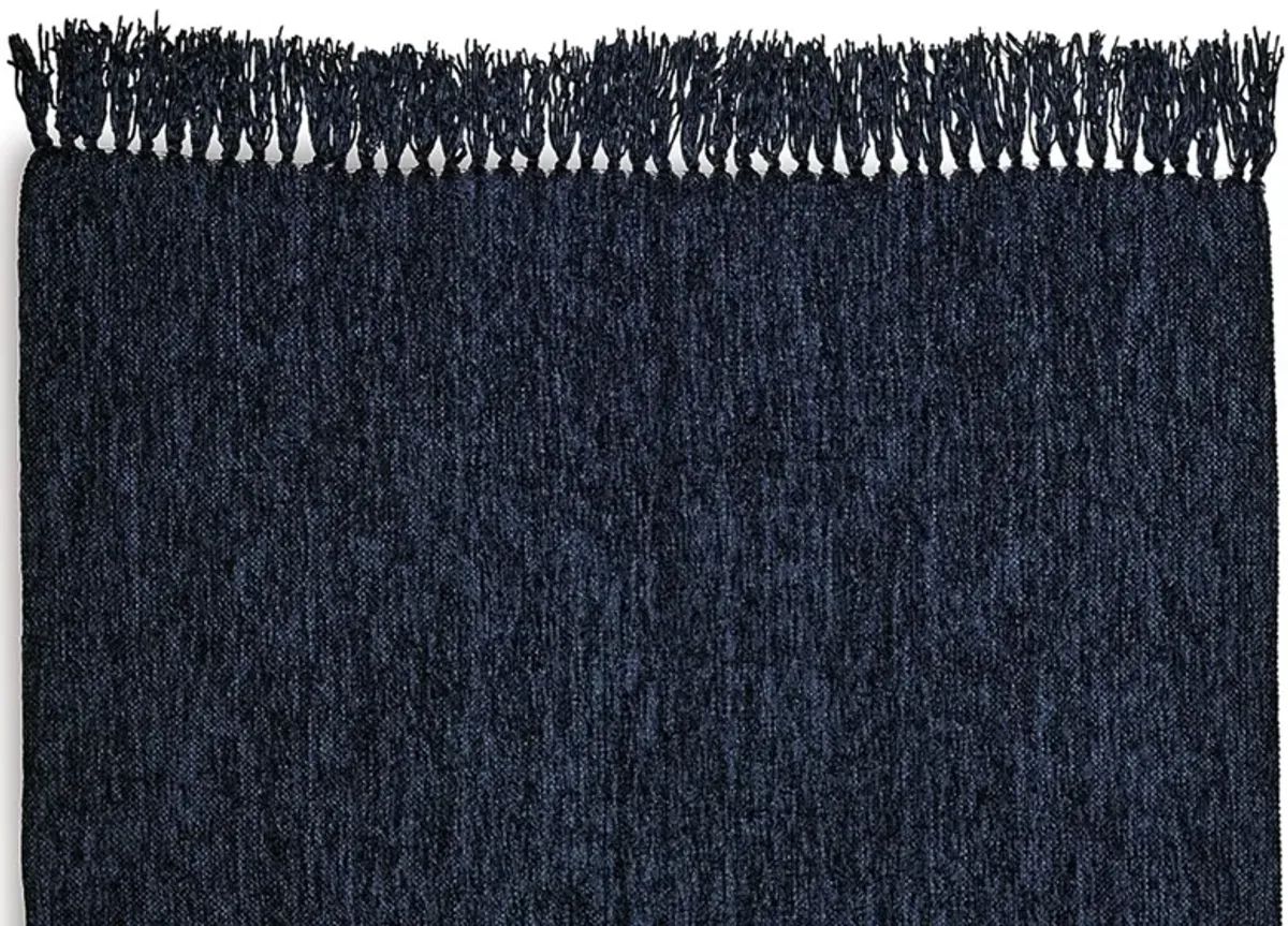 Emily Throw Blanket Set of 3, Textured Woven Knotted Fringe, Dark Blue - Benzara