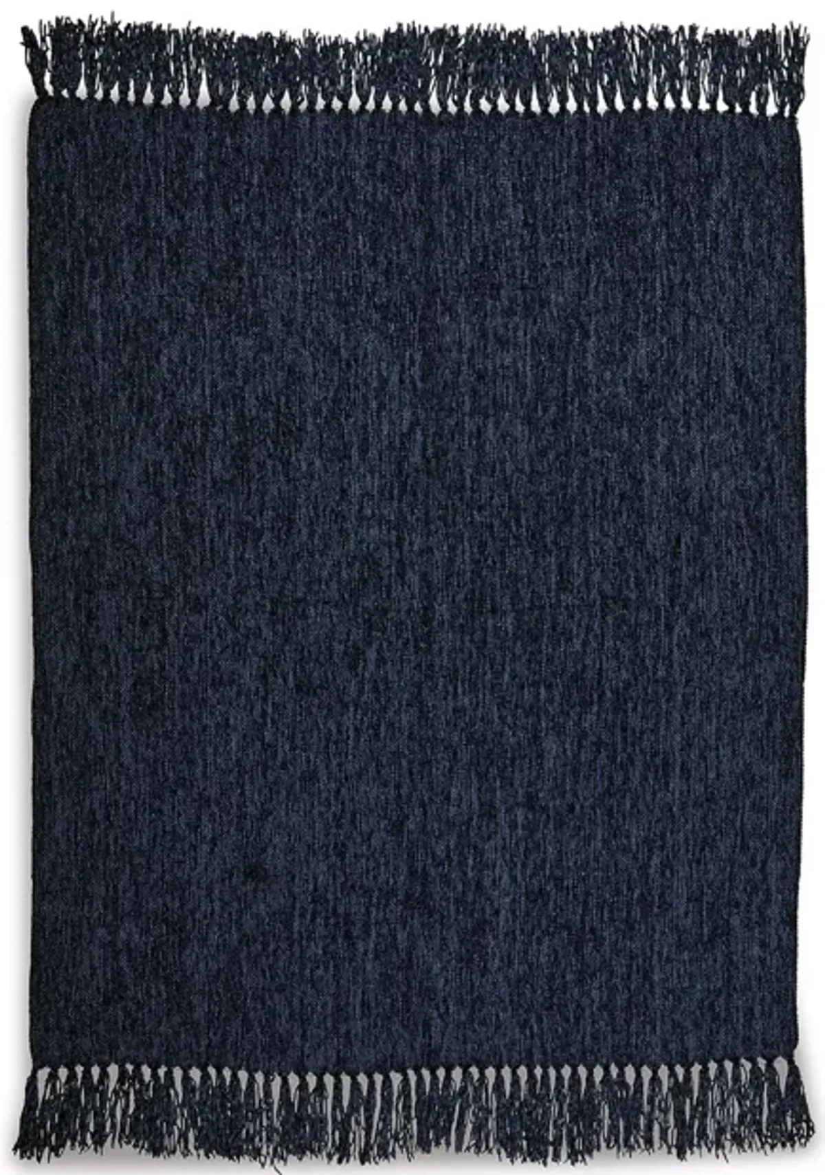 Emily Throw Blanket Set of 3, Textured Woven Knotted Fringe, Dark Blue - Benzara