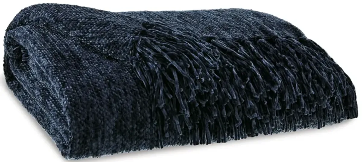 Emily Throw Blanket Set of 3, Textured Woven Knotted Fringe, Dark Blue - Benzara