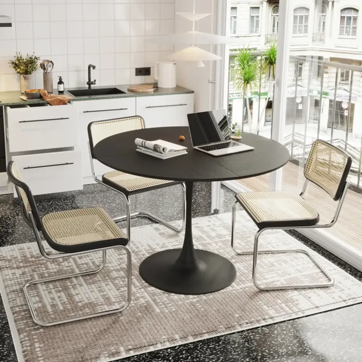 Modern Round Dining Table with Patchwork Tabletops and Metal Base