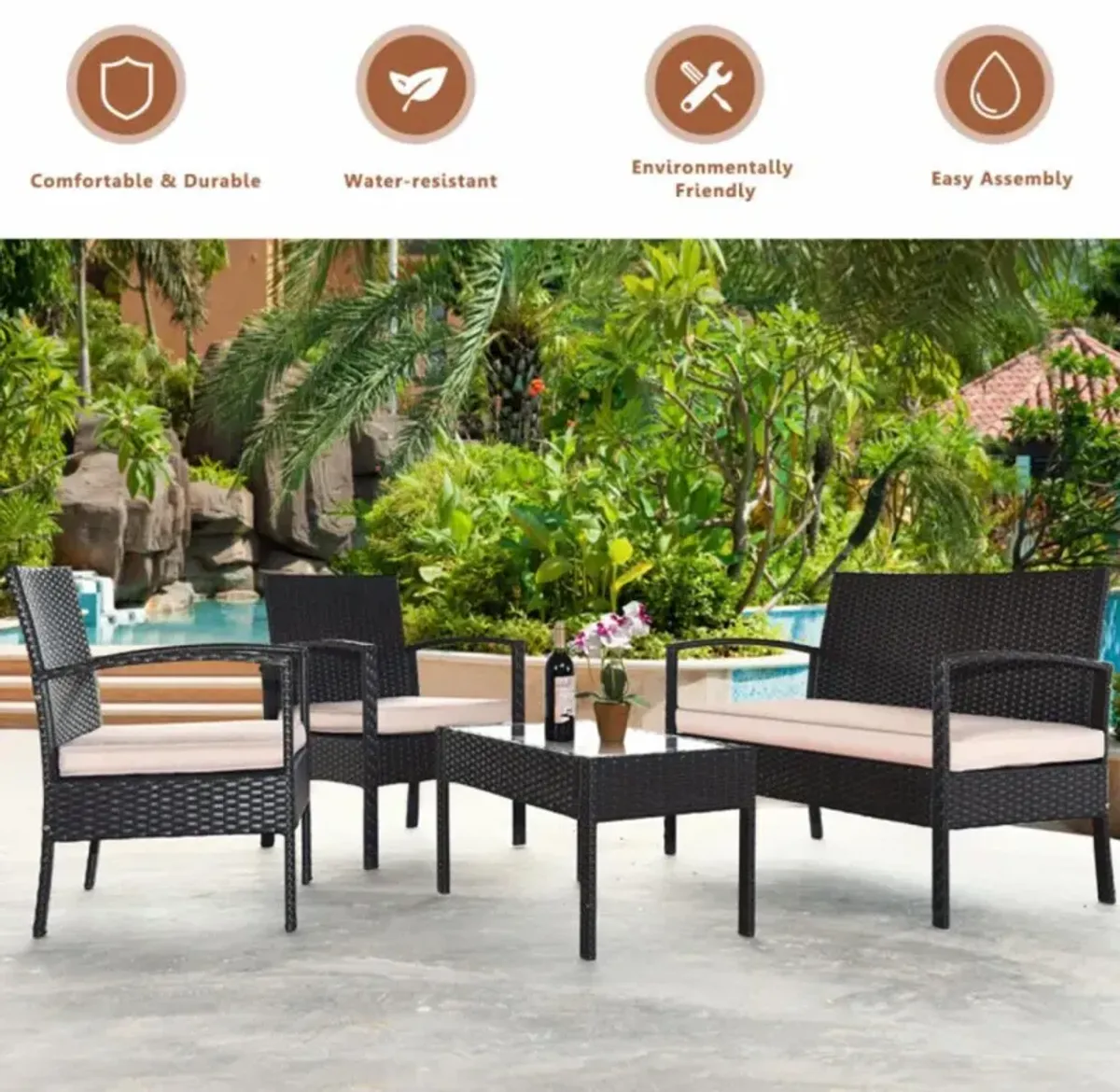 Hivvago 4 Pieces Patio Rattan Conversation Set with Loveseat Sofas and Coffee Table