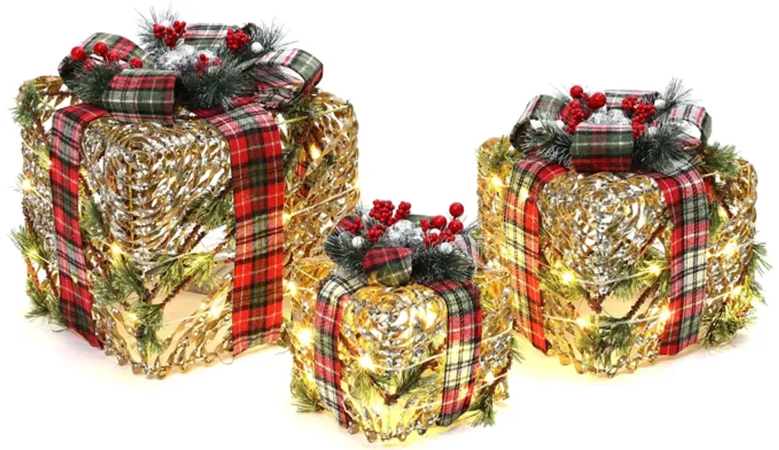 LuxenHome 3-Piece Artificial Pine Branches Giftbox Holiday Decoration Set with Battery Operated Lights