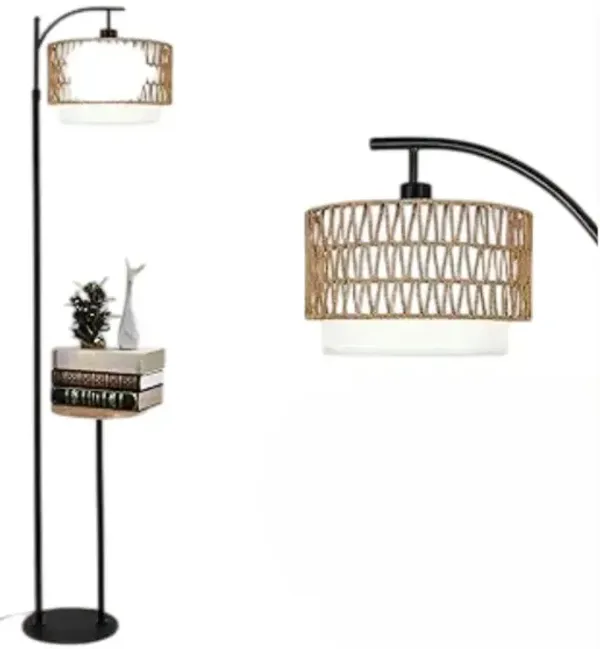 Boho Arc Floor Lamp – Rattan Shade, Table & Shelves, Remote-Controlled LED