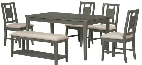 6-Piece Retro Dining Set with Minimalist Table, Chairs, and Bench (Dark Gray)
