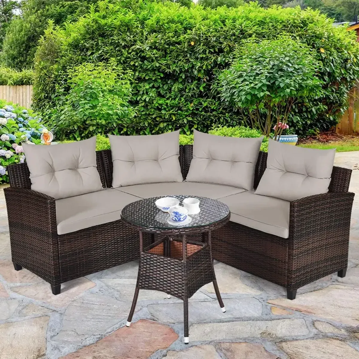 4 Pieces Outdoor Cushioned Rattan Furniture Set