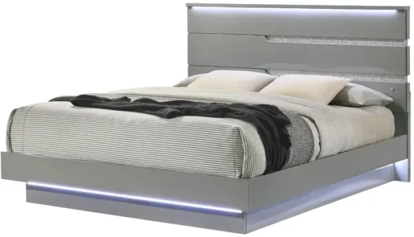 Pery Queen Size Platform Bed, LED Headboard Glam Gray Gloss Solid Wood - Benzara