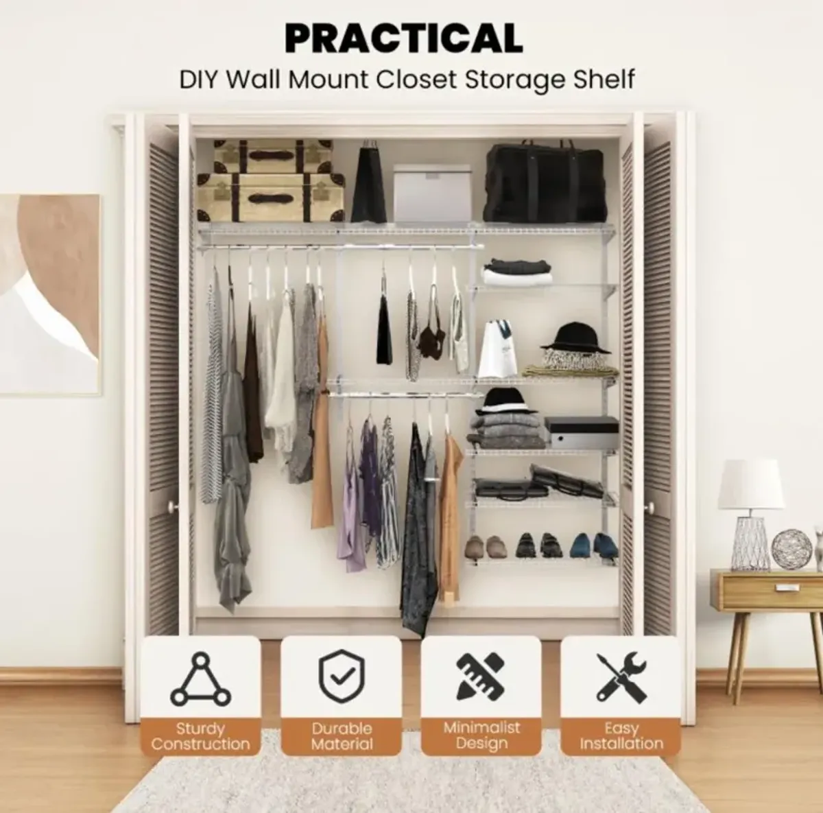 Hivvago Adjustable Closet Organizer Kit with Shelves and Hanging Rods for 4 to 6 Feet