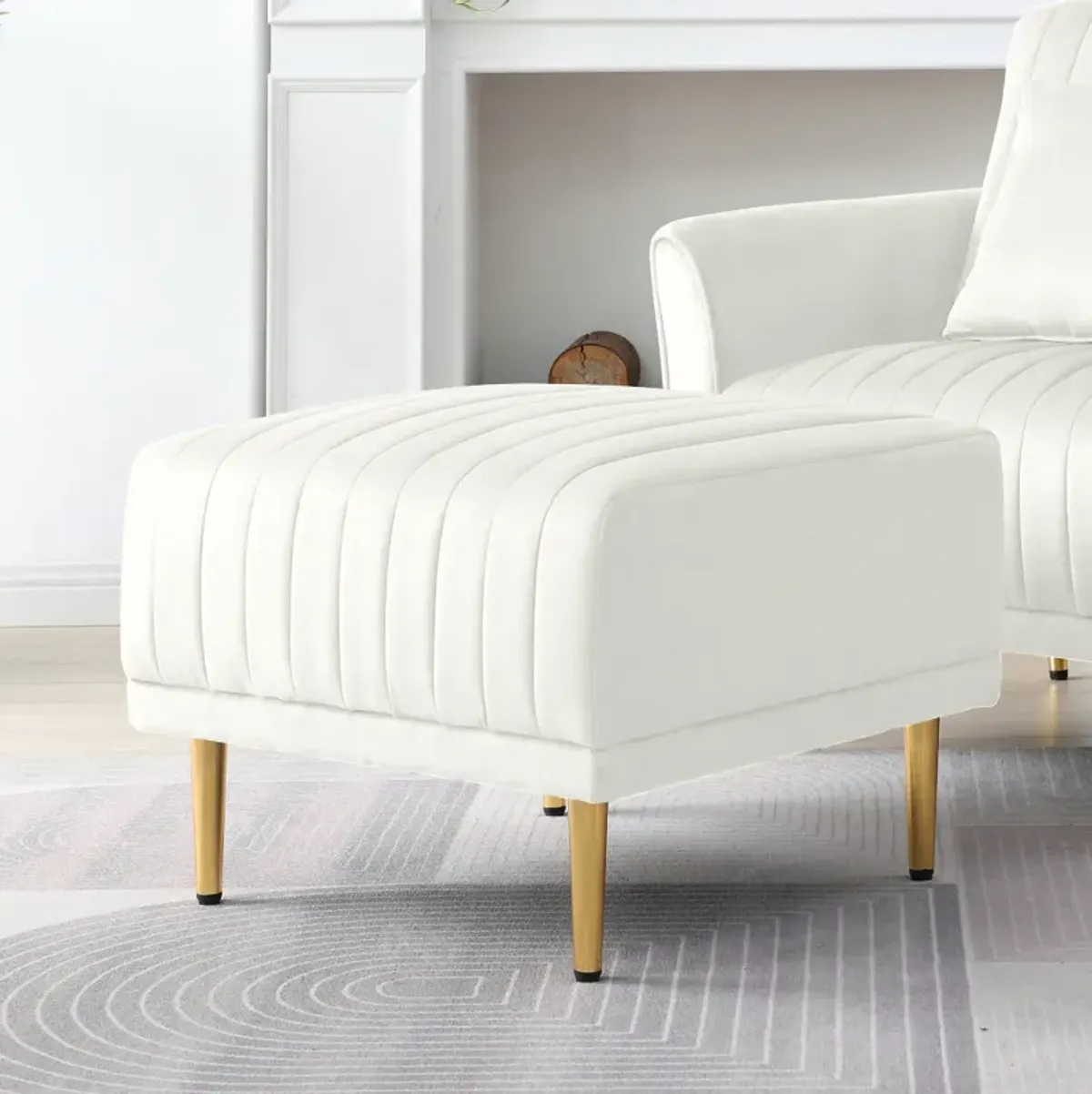 Cream Velvet Ottoman with Metal Legs