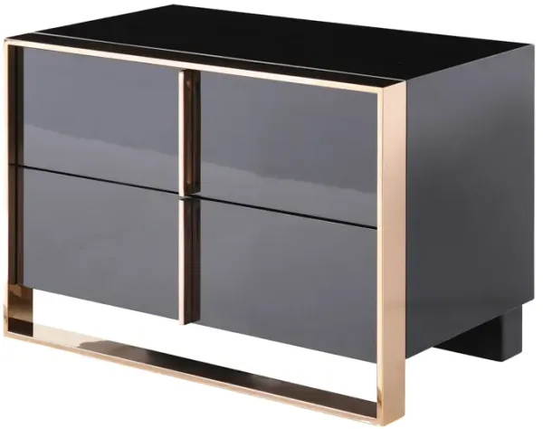 Caer Nightstand, 2 Drawers, Modern Rose Gold Stainless Steel, Black - Benzara
