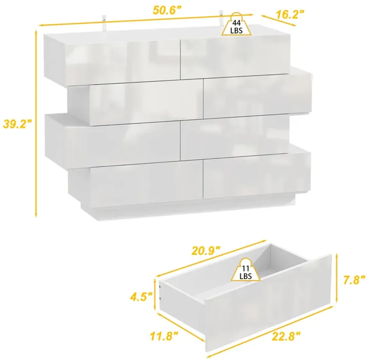 FUFU&GAGA White 8-Drawer Standard Dresser,(50.6" W x 16.2" D x 39.2" H),White