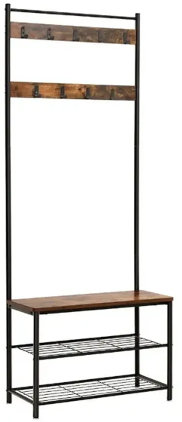 69 Inch Industrial Metal Frame Coat Rack, Nine Hooks, 2 Slatted Shelves, Rustic Brown, Black-Benzara