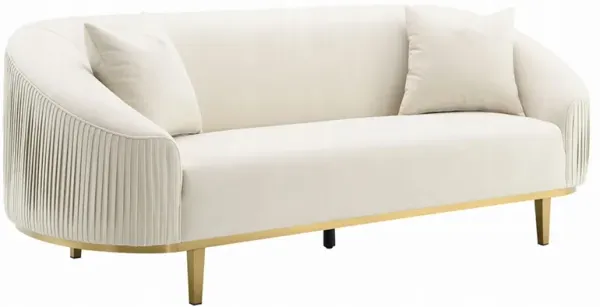 Artina Sofa, 2 Accent Throw Pillows, Ivory Velvet, Gold Metal, 89 Inch - Benzara
