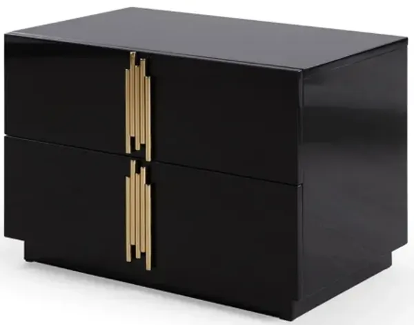 28 Inch Nightstand, Modern Vertical Gold Handles, 2 Drawers, Black Finish - Benzara