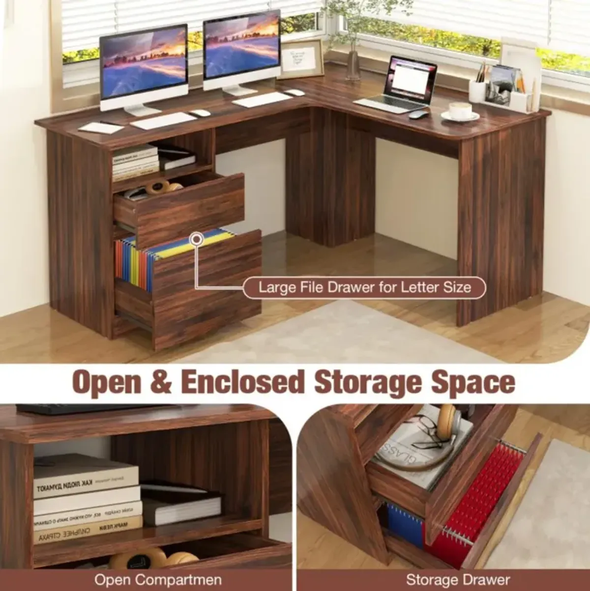 Hivvago L-Shaped Computer Desk with Letter File Drawer