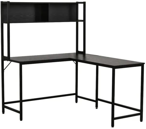 Black Home Office Corner: 55" L-Shaped Desk with Storage Shelves