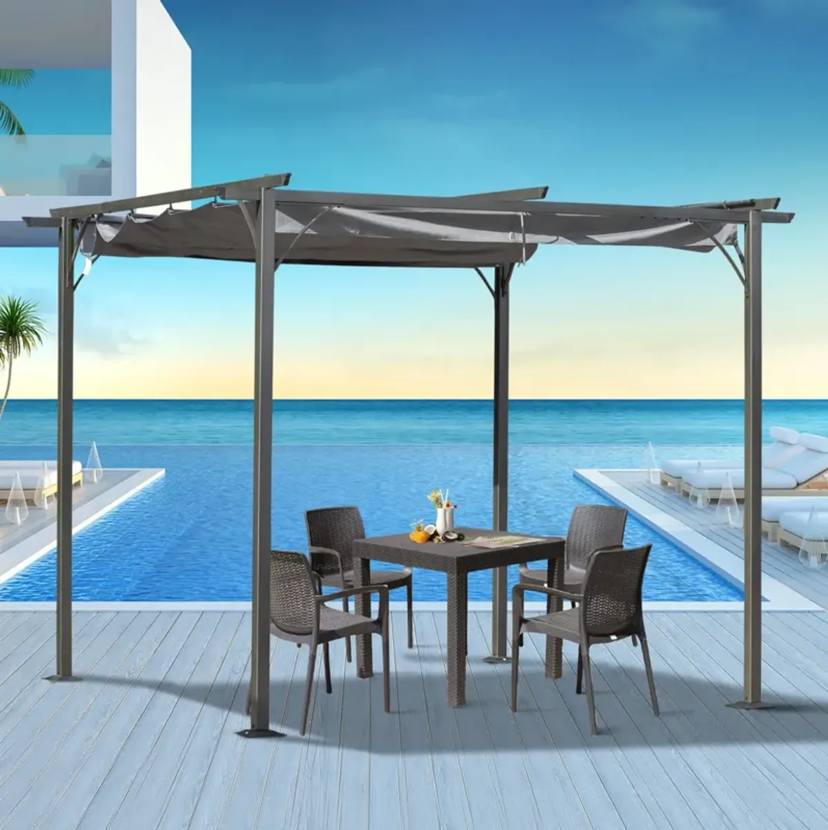 Grey Backyard Shade: 10x10 Retractable Patio Gazebo with UV Protection