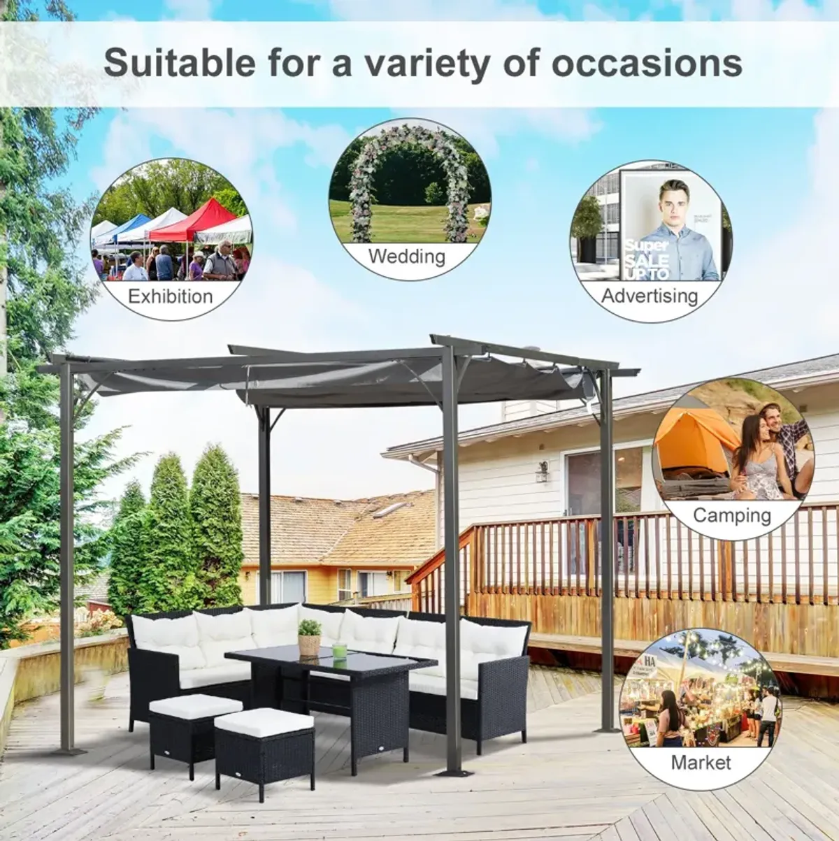 Grey Backyard Shade: 10x10 Retractable Patio Gazebo with UV Protection