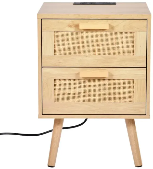 Wood Accent Table with Handmade Rattan Drawers for Bedroom or Living Room