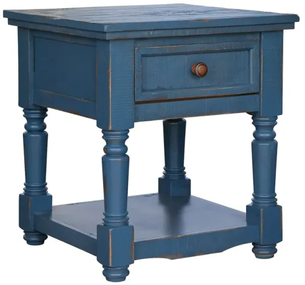 Genie 26 Inch End Table, 1 Drawer, Open Shelf, Dark Blue Solid Pine Wood-Benzara