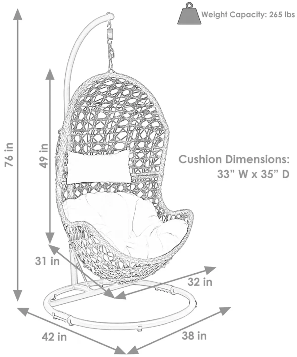 Sunnydaze Resin Wicker Basket Egg Chair with Steel Stand/Cushions